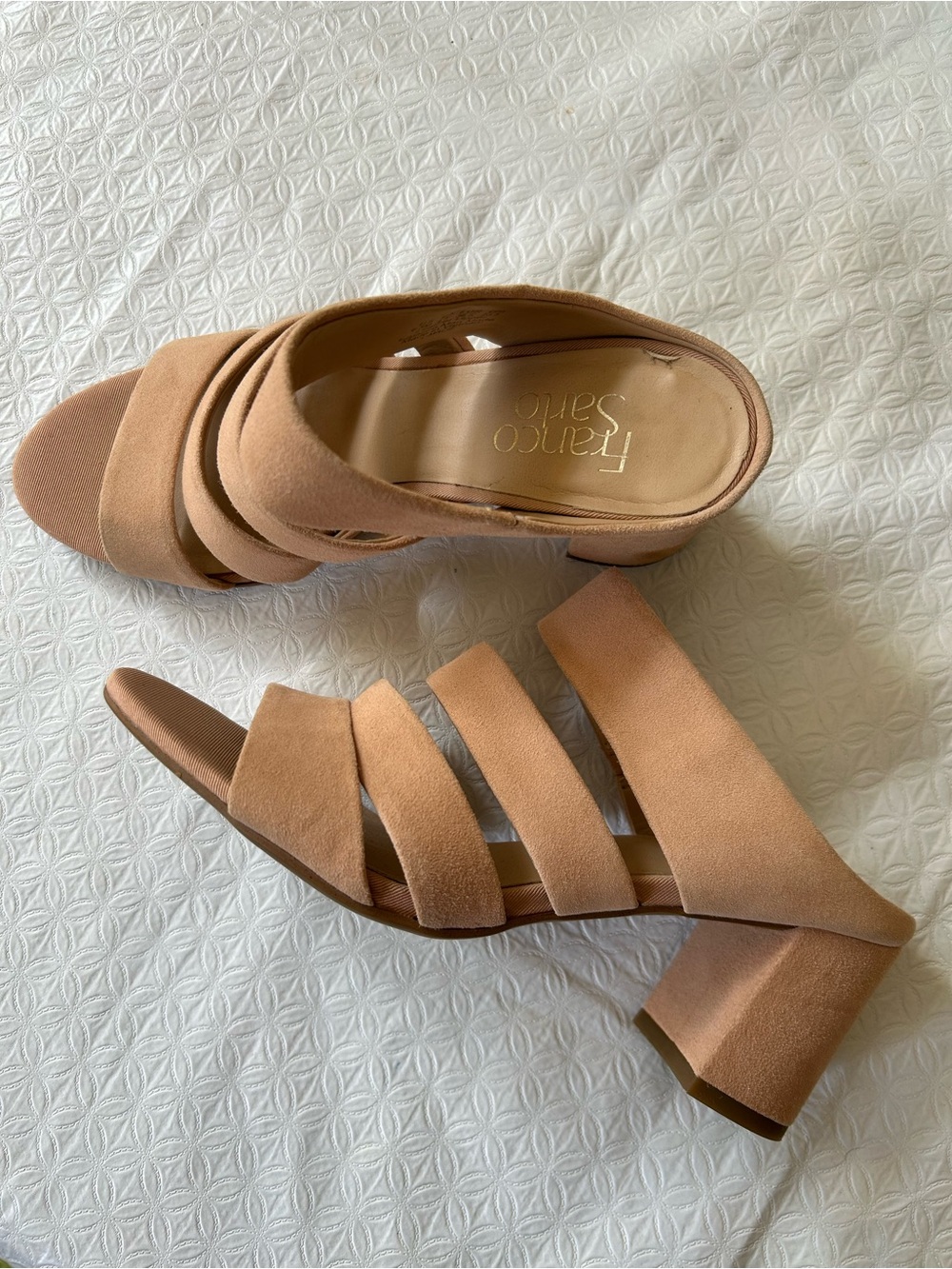 Franco Sarto Peach-Tan Suede Strappy Block Heel Mules
